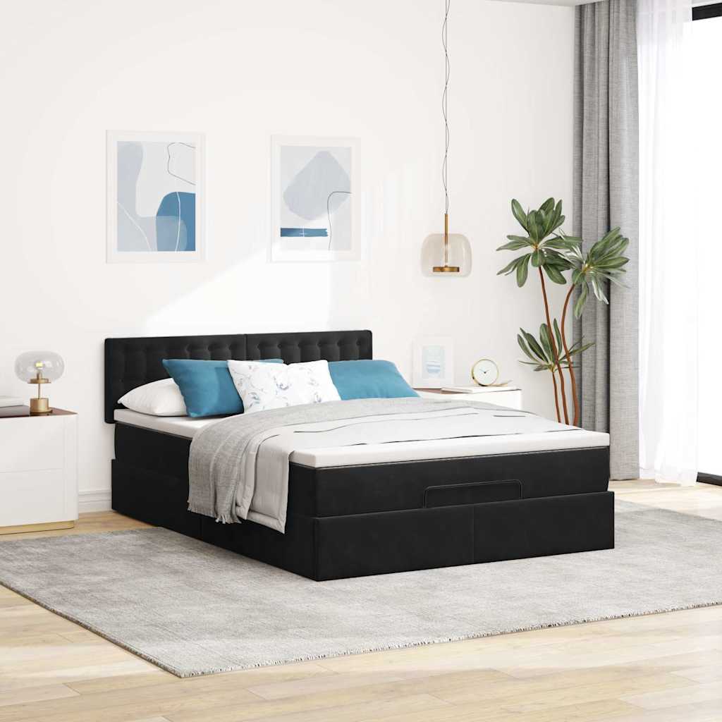 Ottoman Bed with Mattress Black Queen Velvet