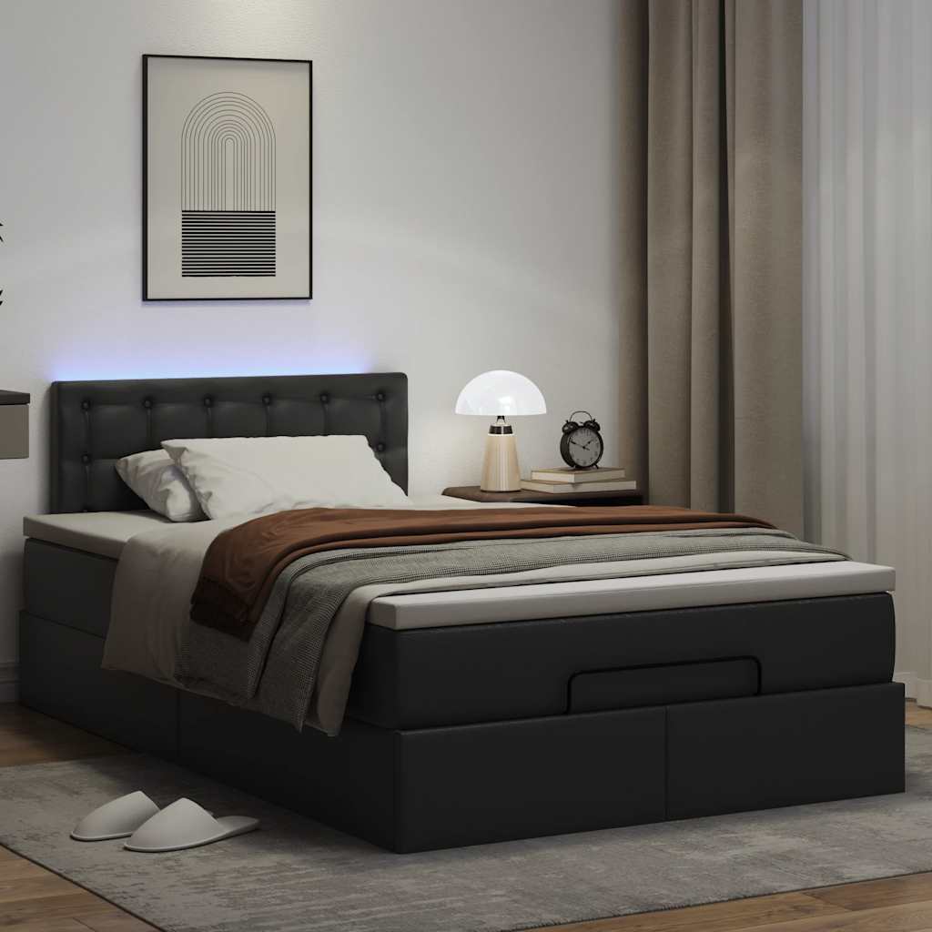 Ottoman Bed with Mattresses & LEDs Black King Single Faux Leather
