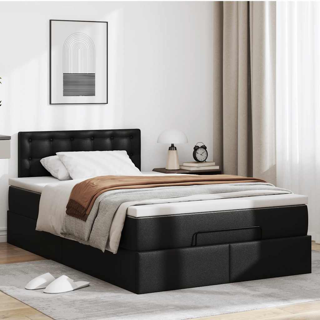 Ottoman Bed with Mattresses & LEDs Black King Single Faux Leather