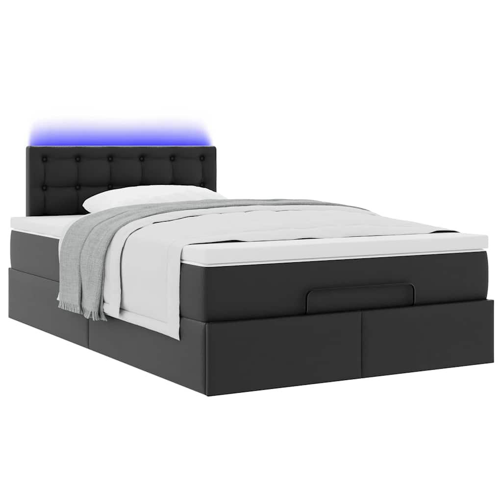 Ottoman Bed with Mattresses & LEDs Black King Single Faux Leather