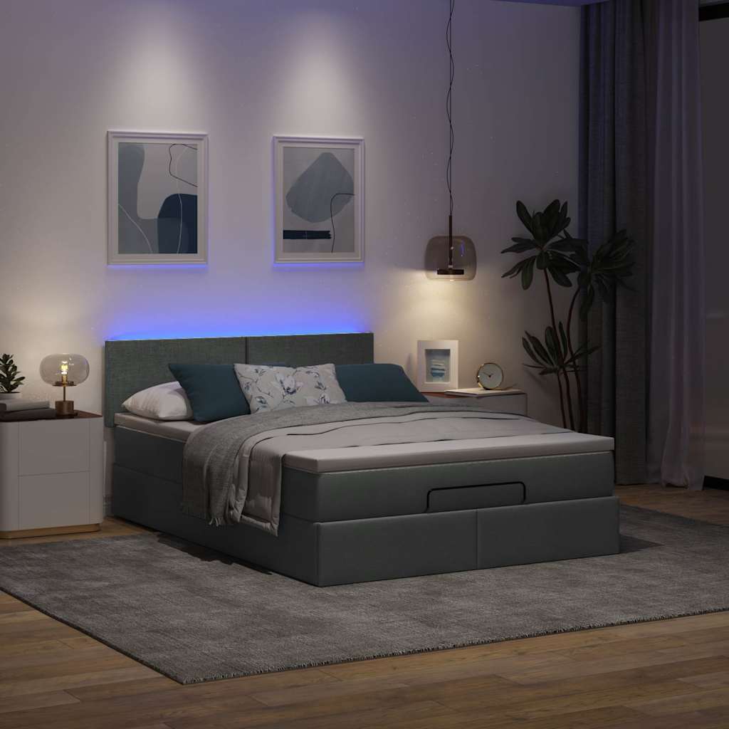 Ottoman Bed with Mattress & LEDs Dark Grey Double Fabric