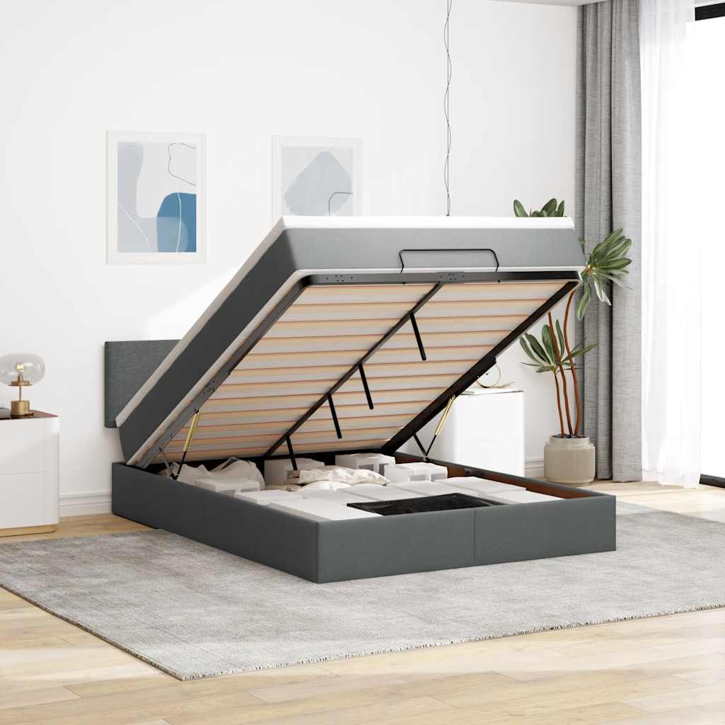 Ottoman Bed with Mattress & LEDs Dark Grey Double Fabric