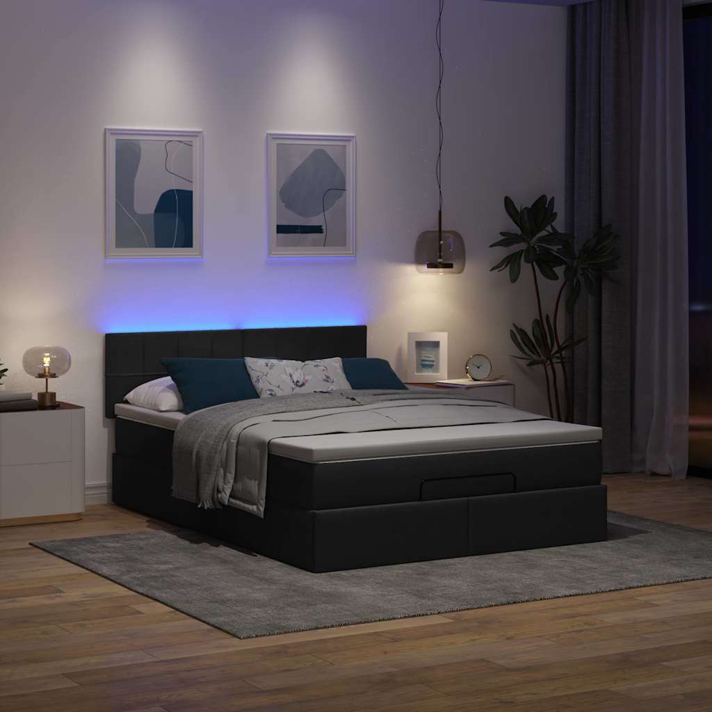 Ottoman Bed with Mattress & LEDs Black Queen Fabric