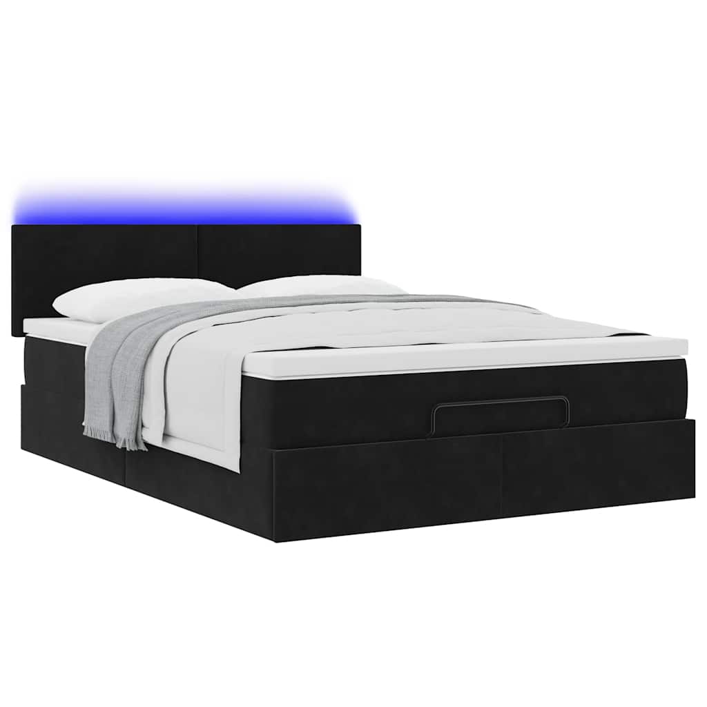 Ottoman Bed with Mattress & LEDs Black Queen Velvet