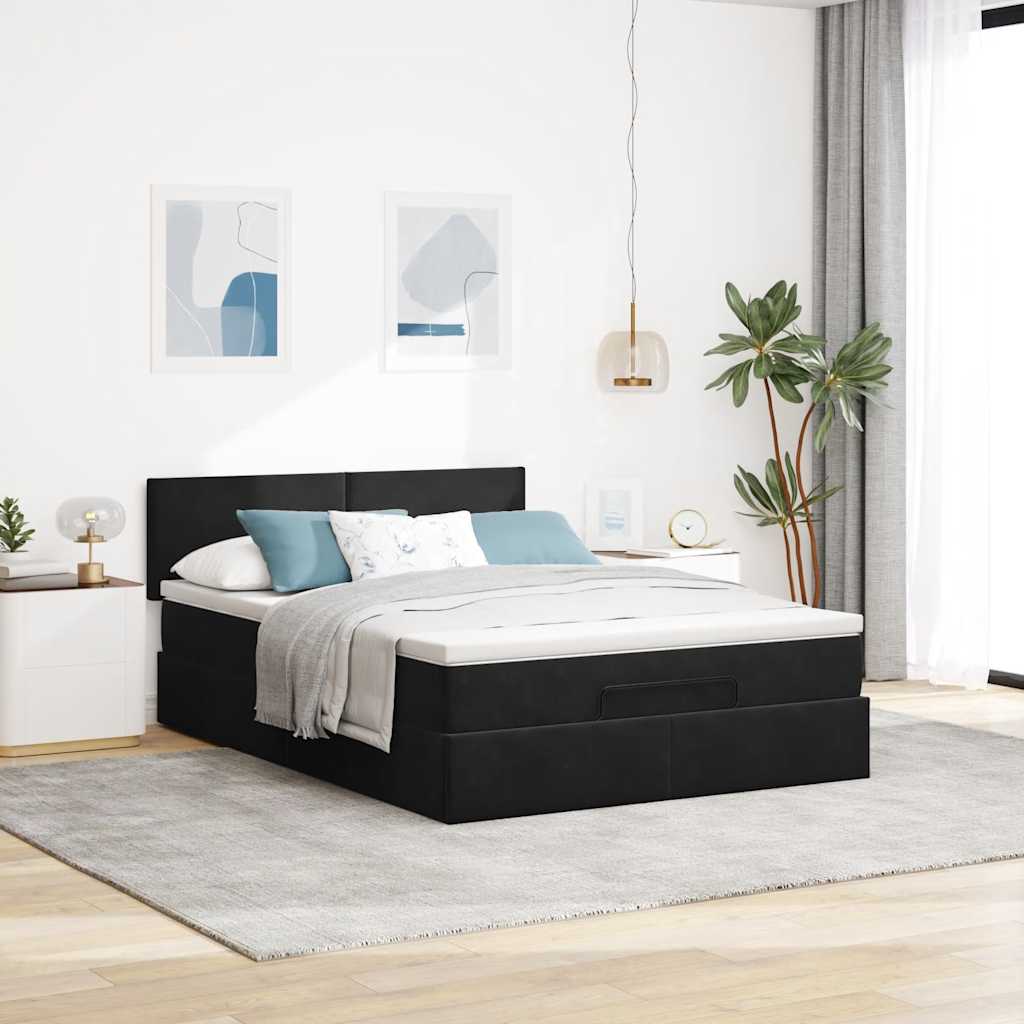 Ottoman Bed with Mattress & LEDs Black Queen Velvet