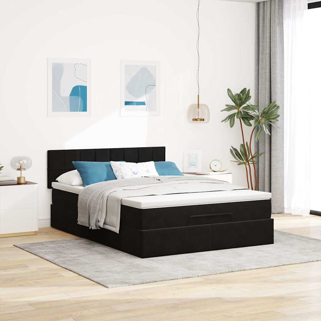 Ottoman Bed with Mattress & LEDs Black Queen Velvet