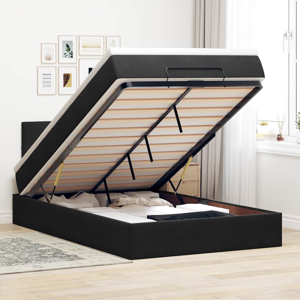 Ottoman Bed with Mattress &amp; LEDs Black King Single Velvet
