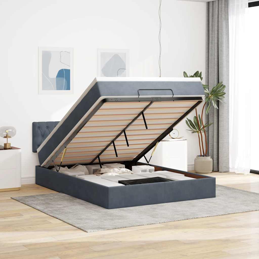 Ottoman Bed with Mattress &amp; LEDs Dark Grey Double Velvet