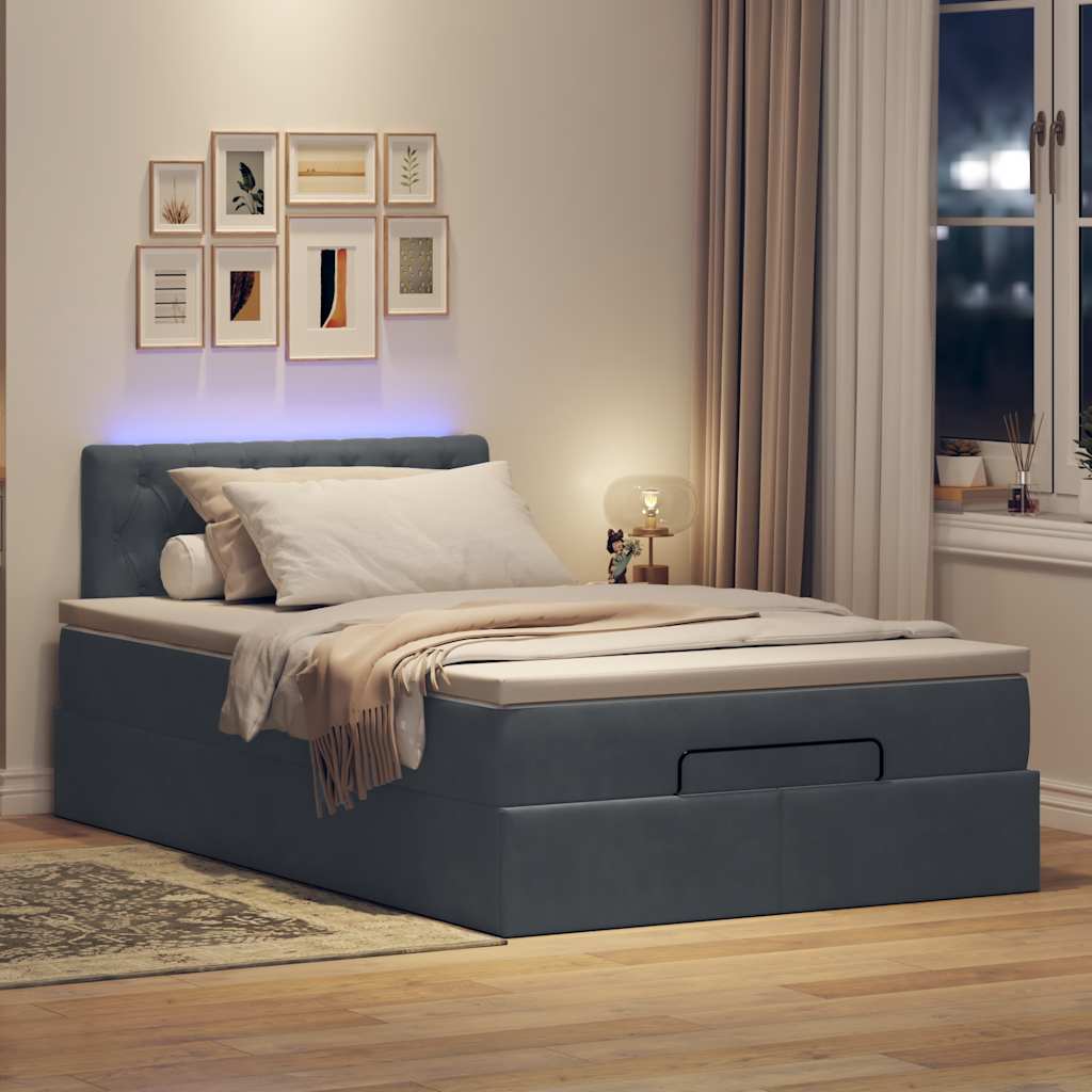 Ottoman Bed with Mattress & LEDs Dark Grey King Single Velvet