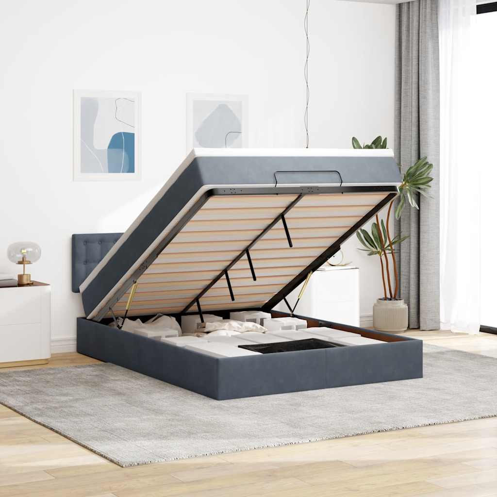 Ottoman Bed with Mattress &amp; LEDs Dark Grey Double Velvet