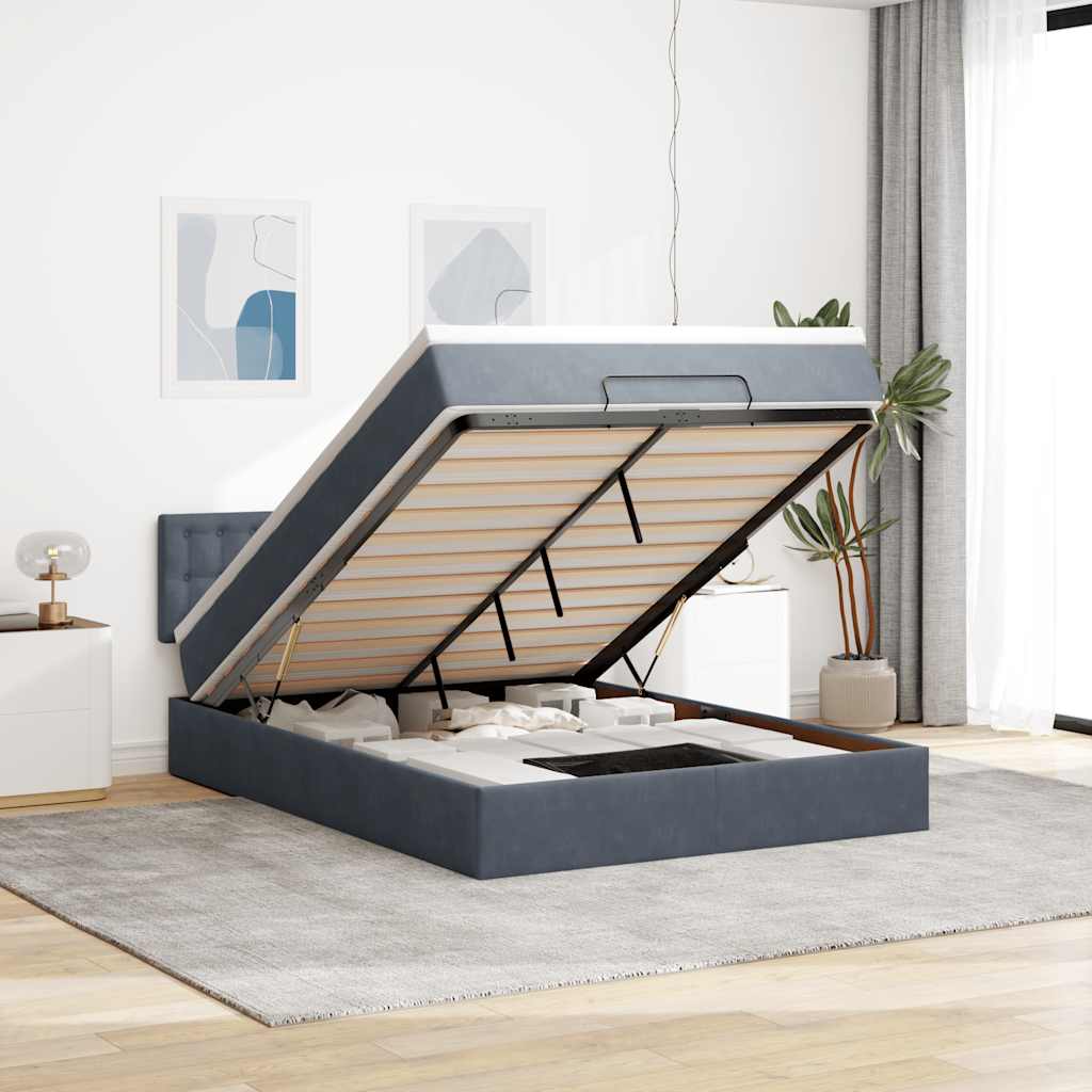 Ottoman Bed with Mattress &amp; LEDs Dark Grey Queen Velvet