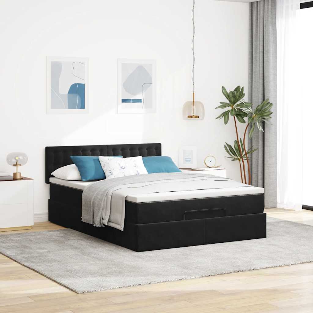 Ottoman Bed with Mattress & LEDs Black Queen Velvet