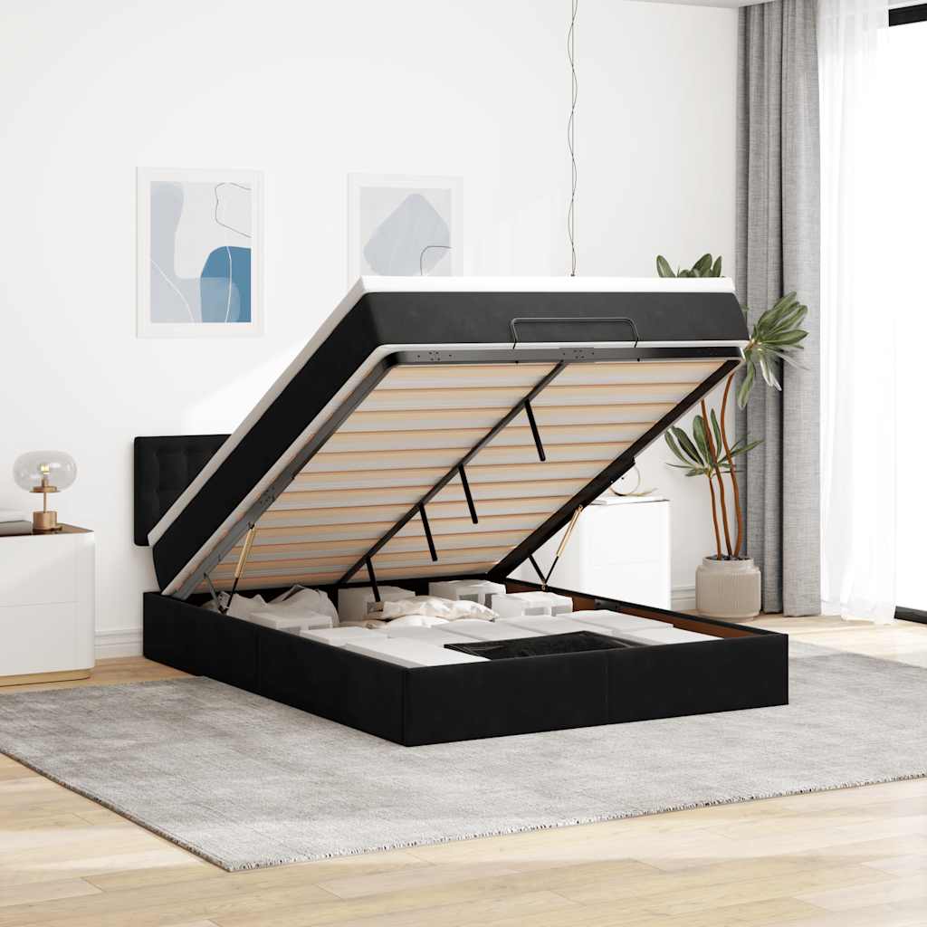 Ottoman Bed with Mattress & LEDs Black Queen Velvet