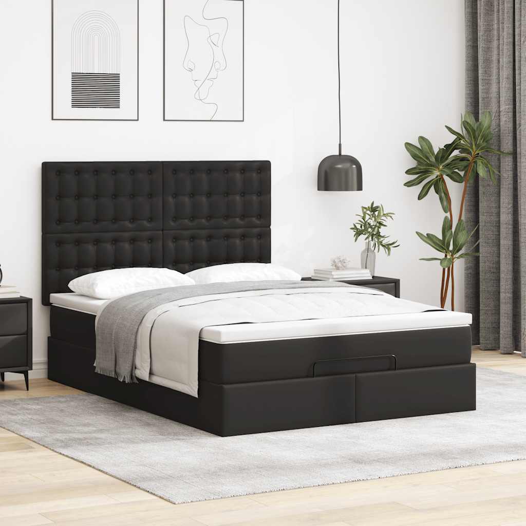 Ottoman Bed with Mattress Black Queen Faux Leather