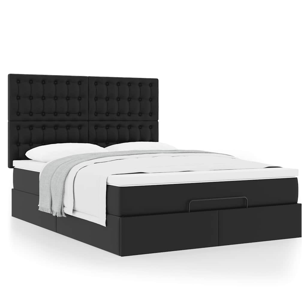 Ottoman Bed with Mattress Black Queen Faux Leather