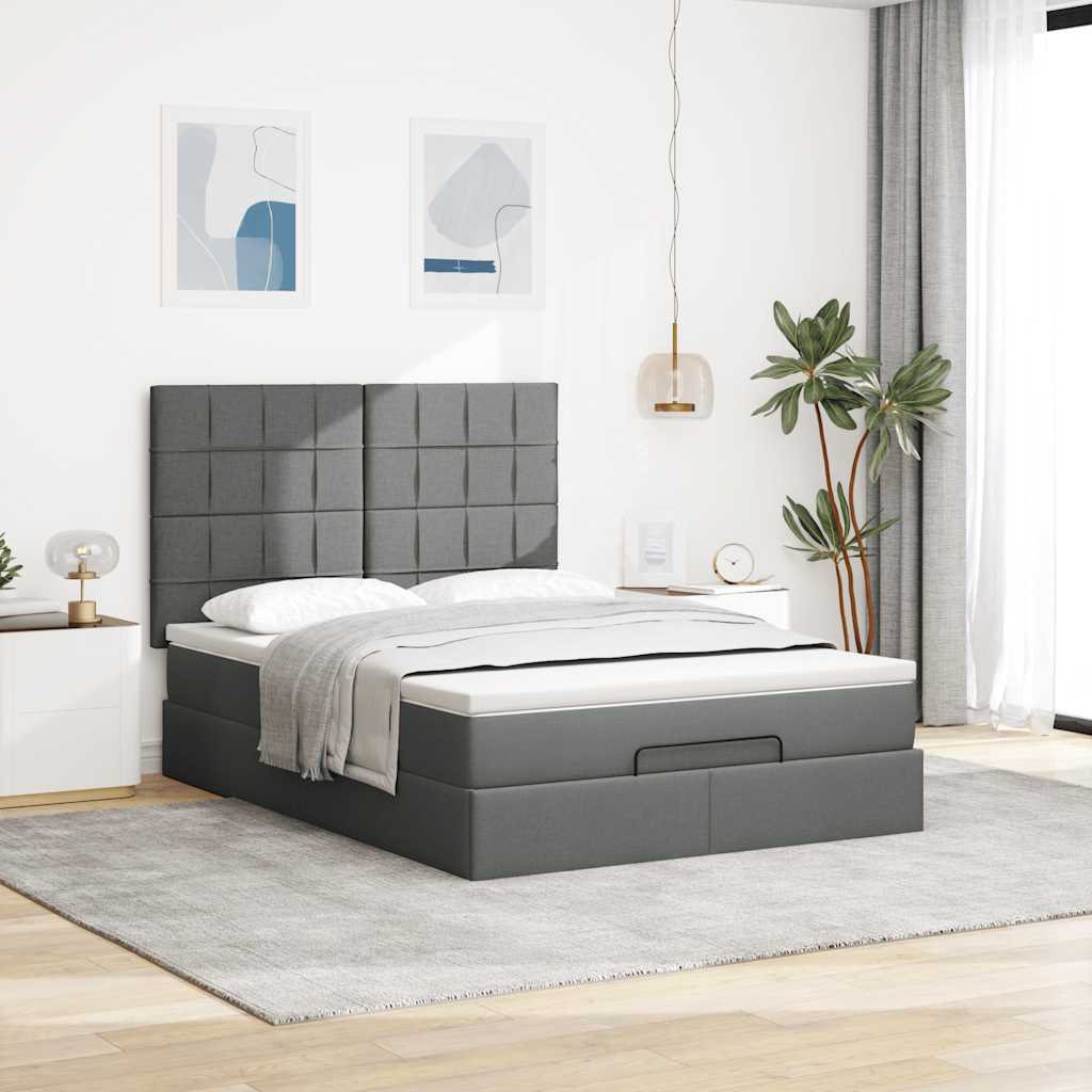 Ottoman Bed with Mattress Dark Grey Double Fabric