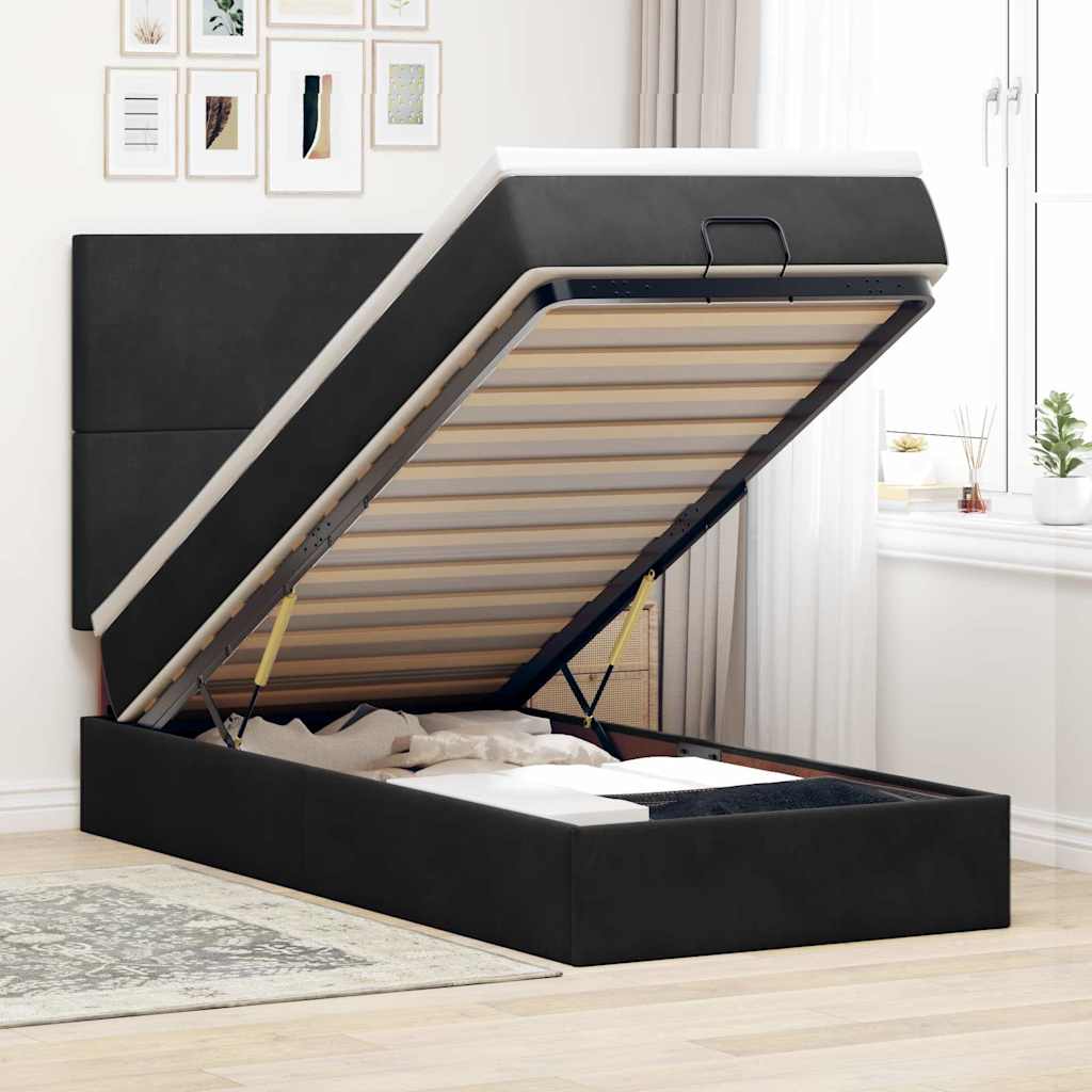Ottoman Bed with Mattresses Black Queen Velvet