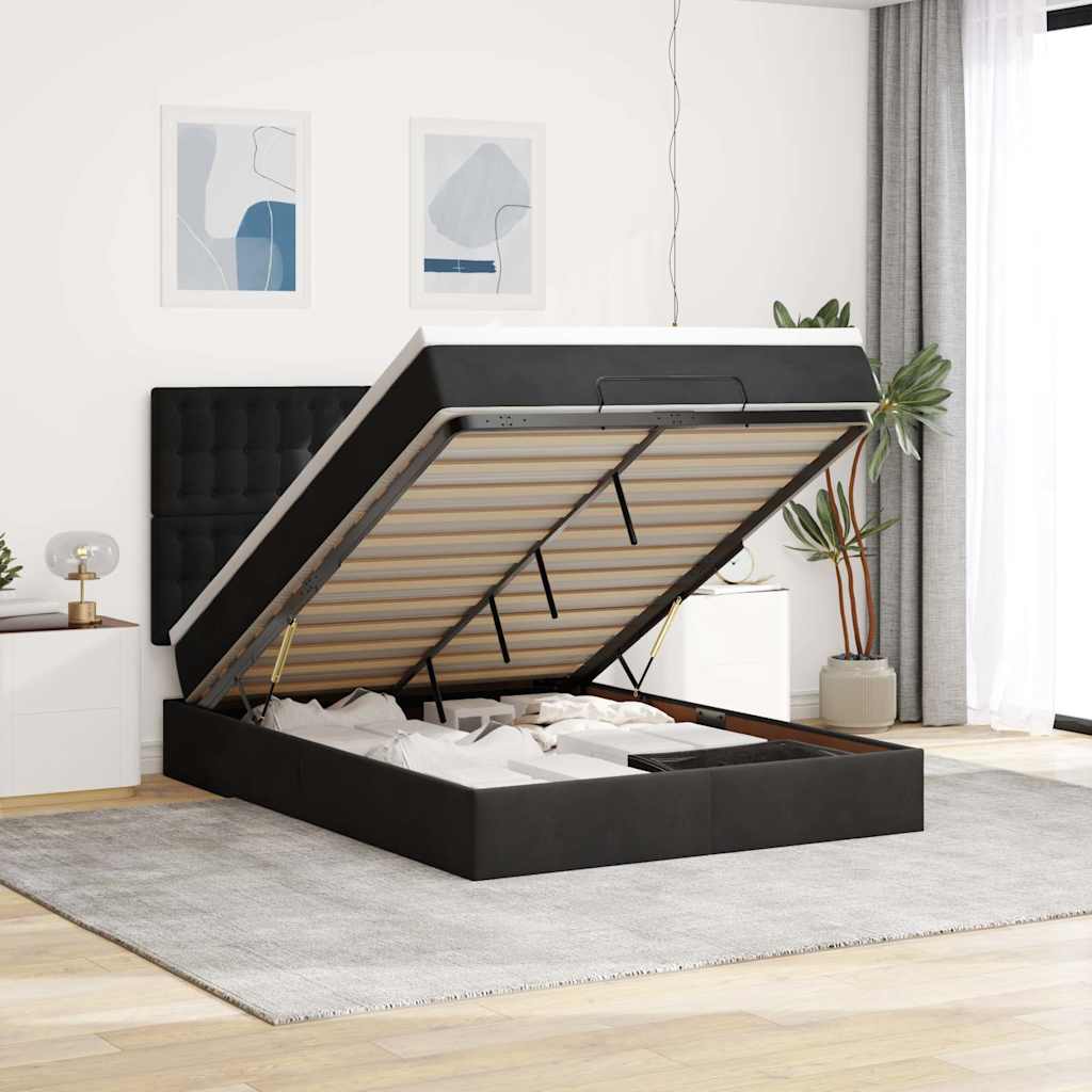 Ottoman Bed with Mattresses Black Queen Velvet