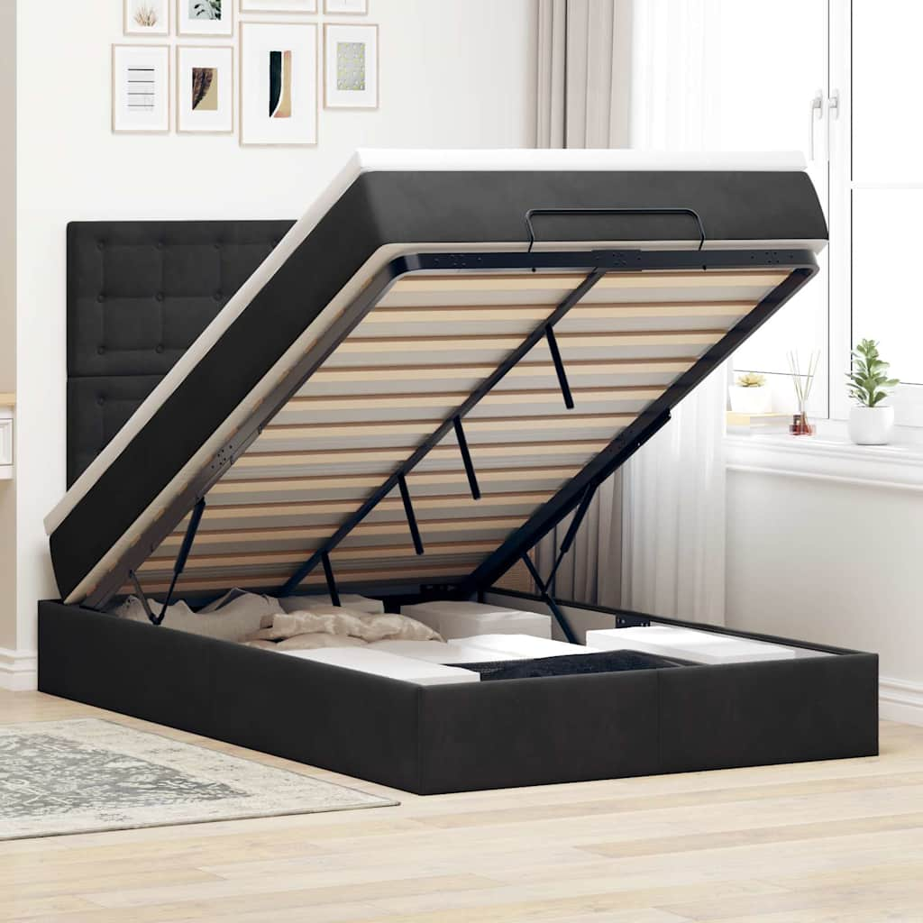 Ottoman Bed with Mattresses Black King Single Velvet