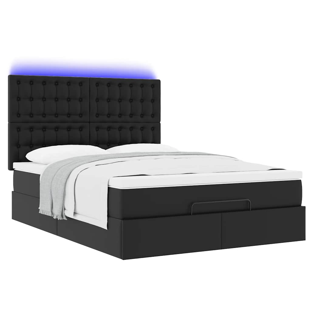 Ottoman Bed with Mattress & LEDs Black Double Faux Leather