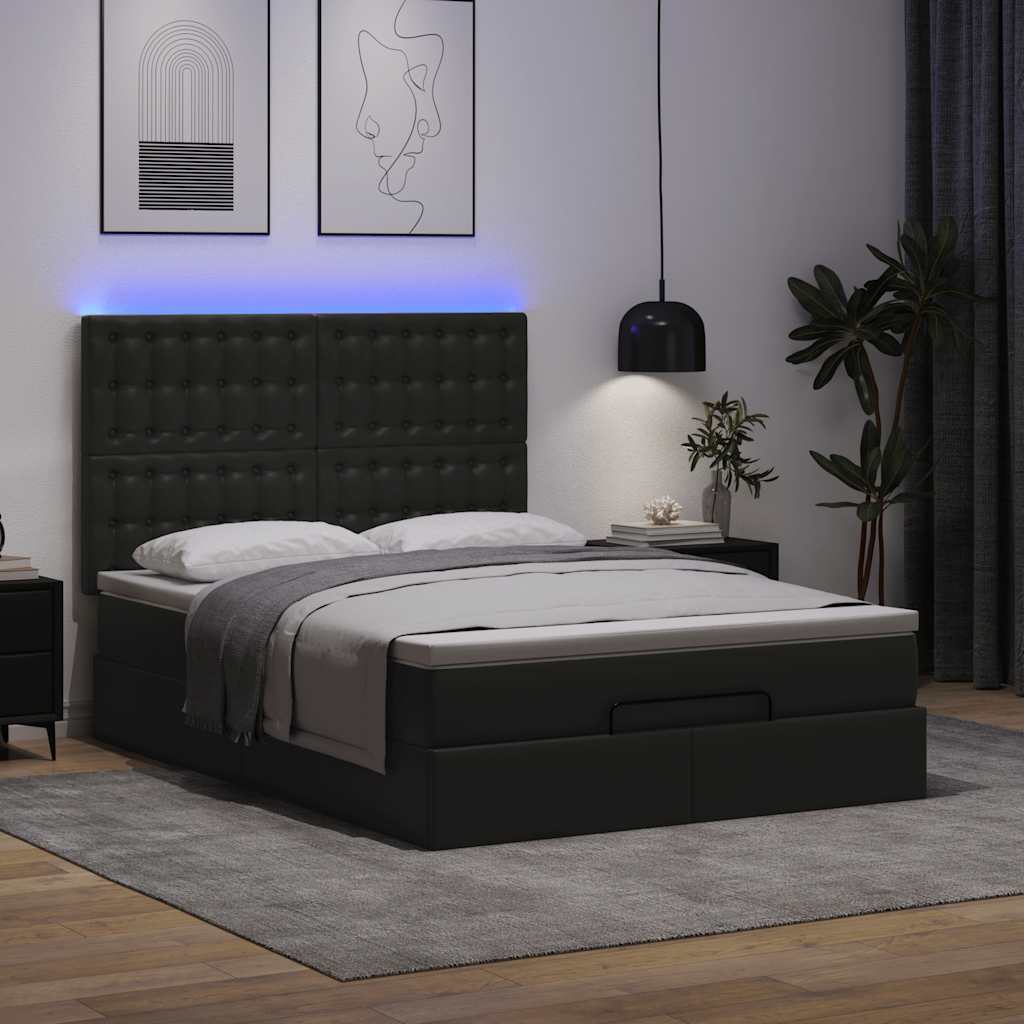 Ottoman Bed with Mattress &amp; LEDs Black Double Faux Leather