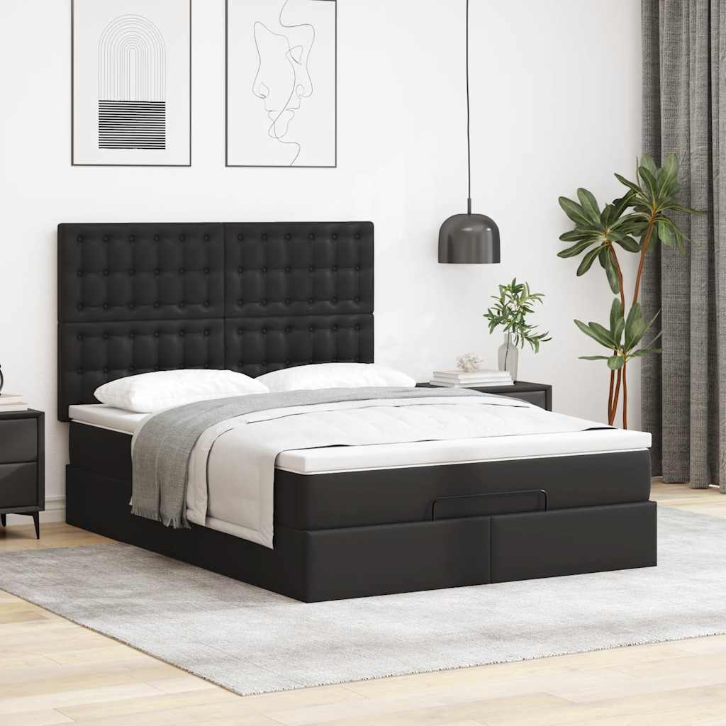 Ottoman Bed with Mattress & LEDs Black Queen Faux Leather