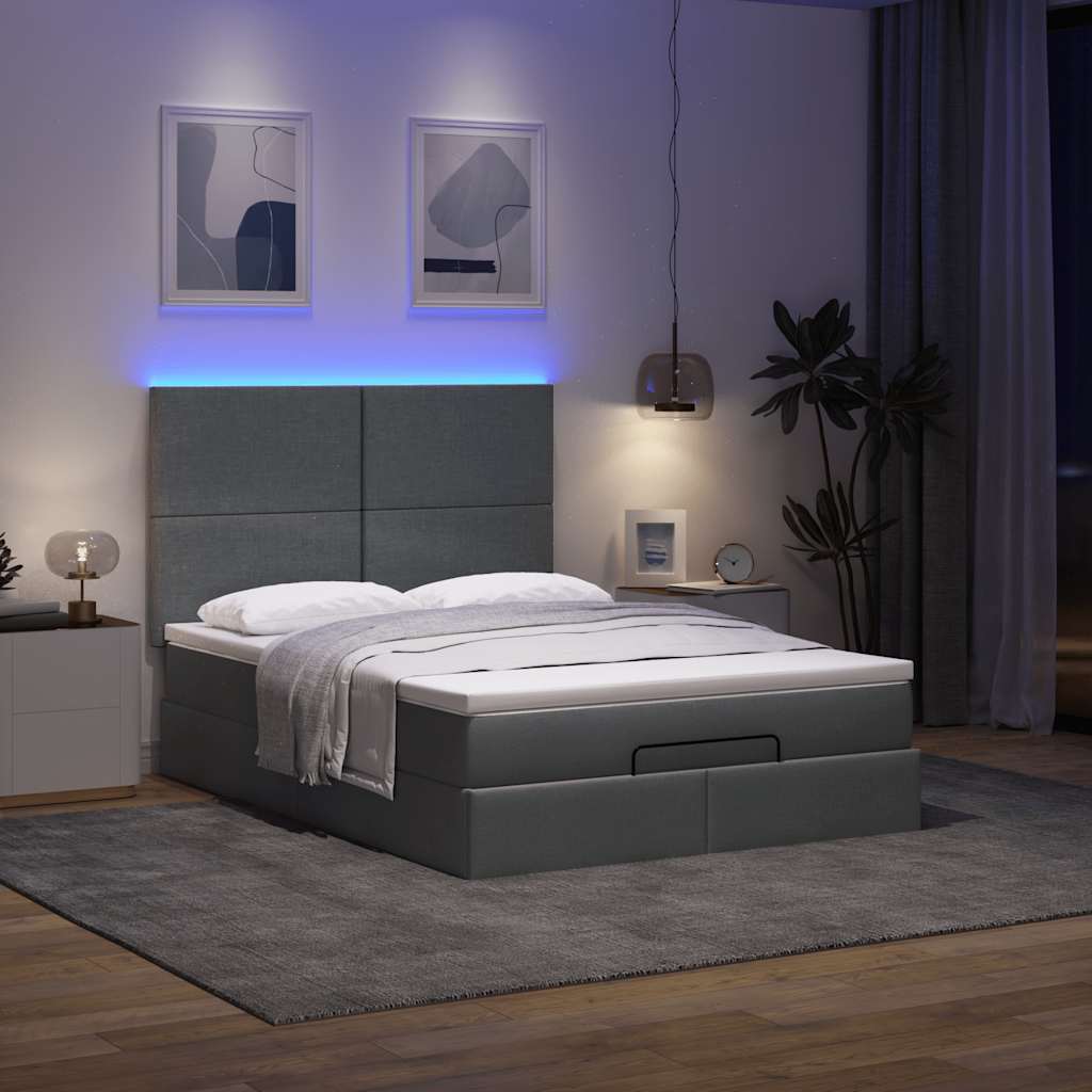 Ottoman Bed with Mattress &amp; LEDs Dark Grey Double Fabric