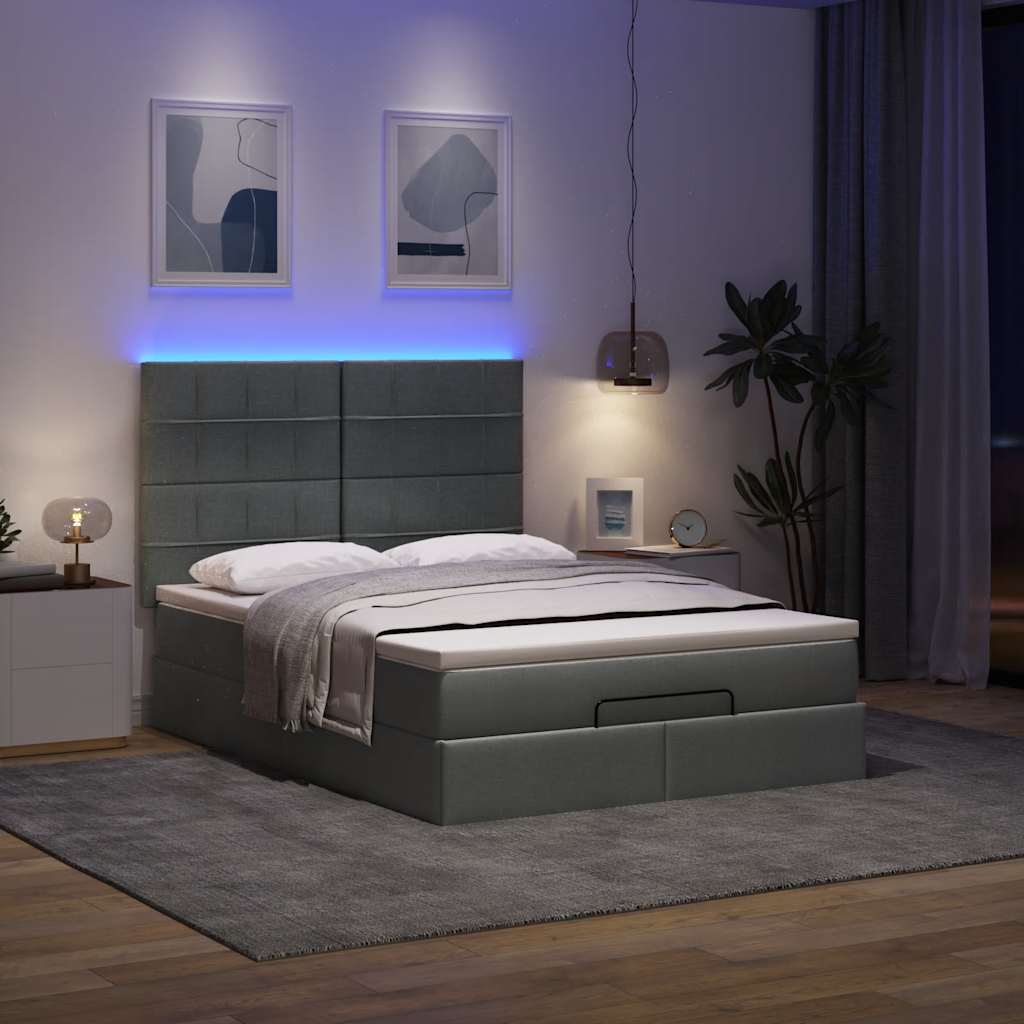 Ottoman Bed with Mattress &amp; LEDs Dark Grey Double Fabric