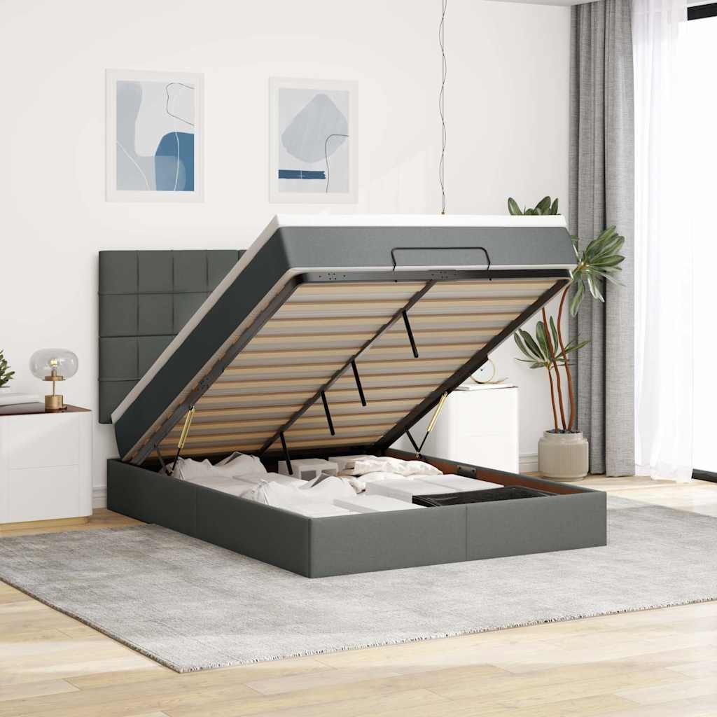 Ottoman Bed with Mattress &amp; LEDs Dark Grey Queen Fabric
