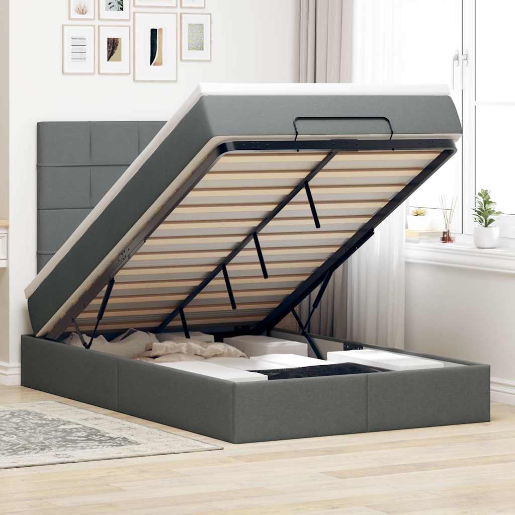 Ottoman Bed with Mattress &amp; LEDs Dark Grey King Single Fabric