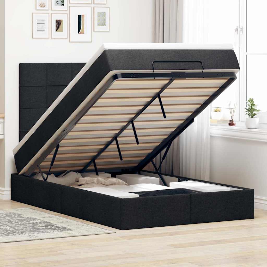 Ottoman Bed with Mattress &amp; LEDs Black King Single Fabric