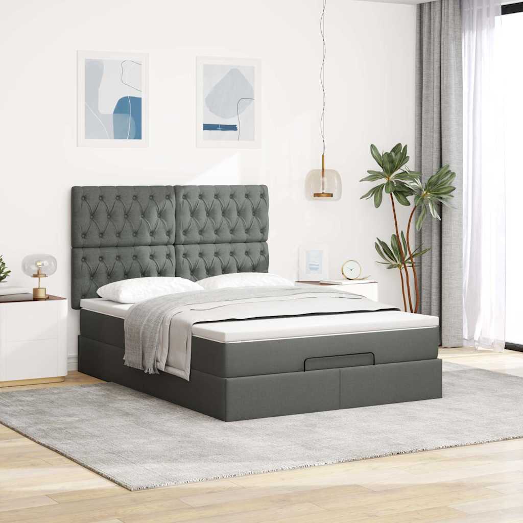 Ottoman Bed with Mattress & LEDs Dark Grey Double Fabric