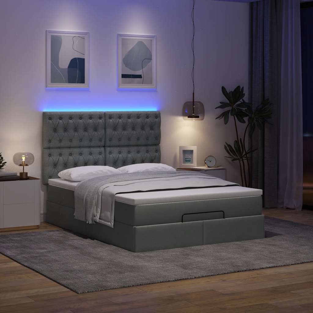 Ottoman Bed with Mattress &amp; LEDs Dark Grey Double Fabric