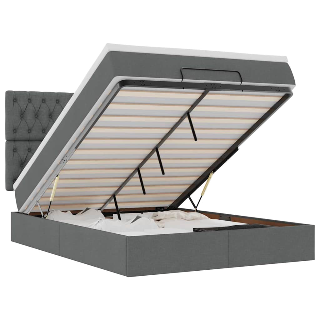 Ottoman Bed with Mattress & LEDs Dark Grey Queen Fabric