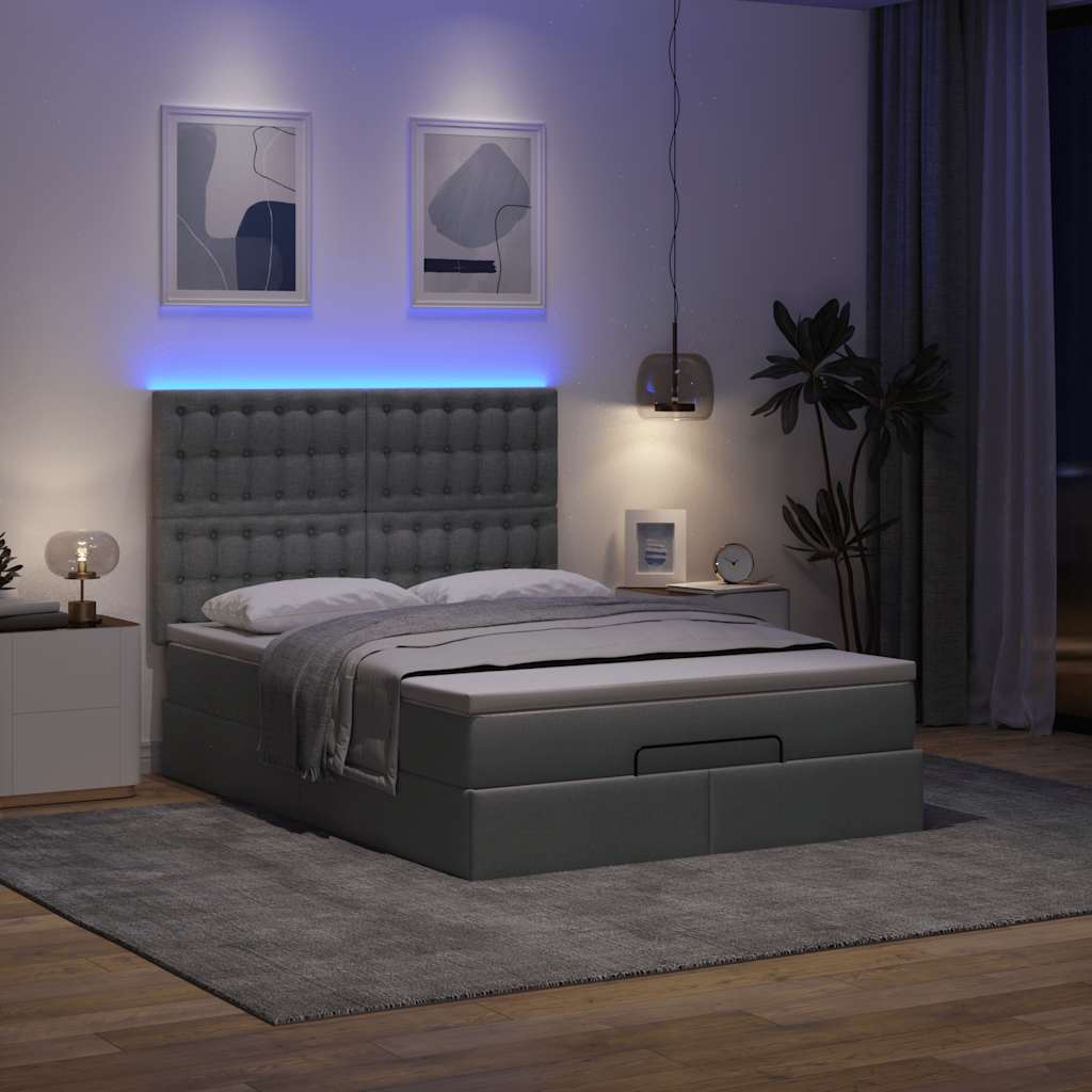 Ottoman Bed with Mattress &amp; LEDs Dark Grey Double Fabric