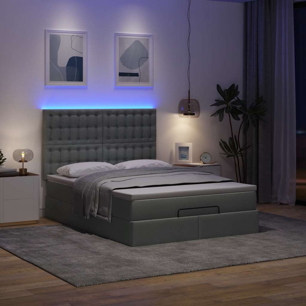 Ottoman Bed with Mattress &amp; LEDs Dark Grey Queen Fabric