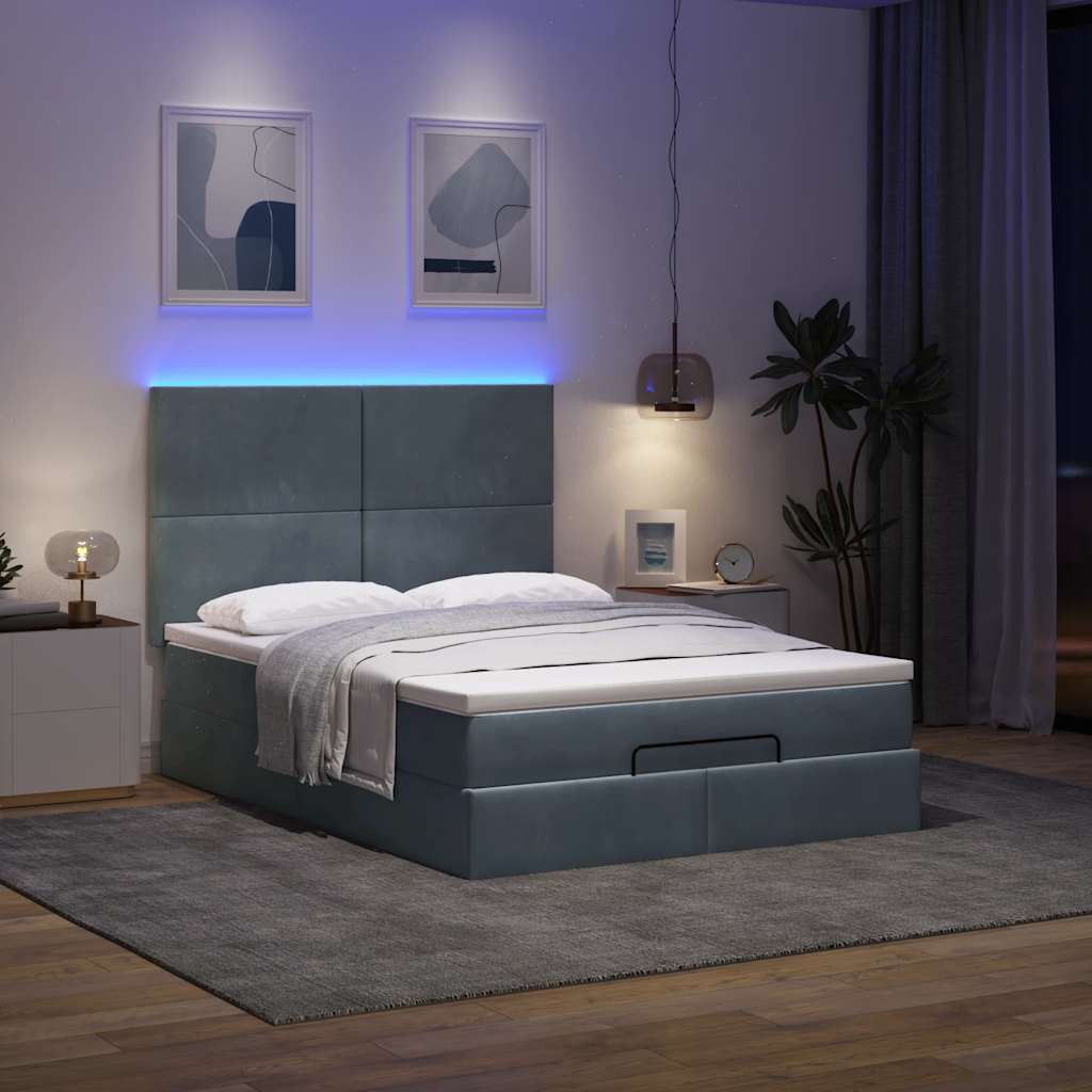 Ottoman Bed with Mattresses &amp; LEDs Dark Grey Double Velvet