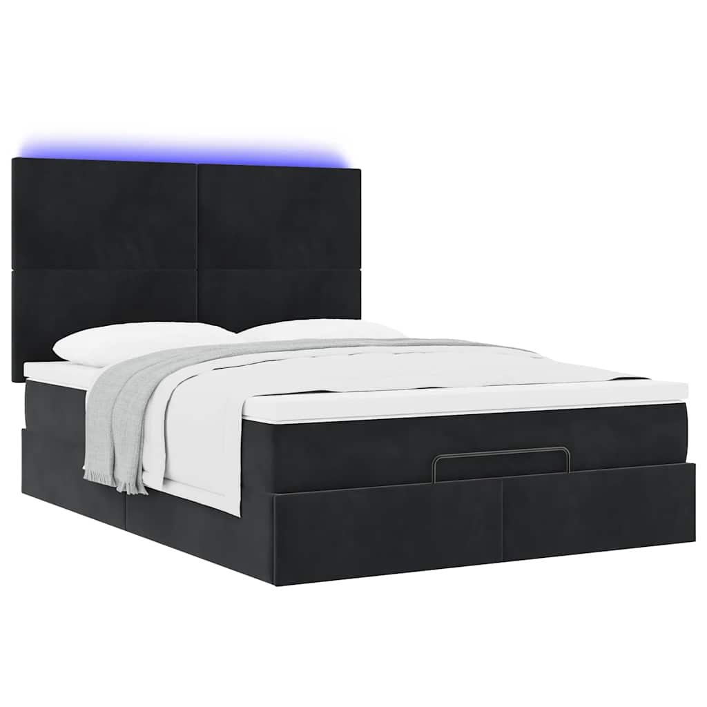 Ottoman Bed with Mattresses & LEDs Black Queen Velvet