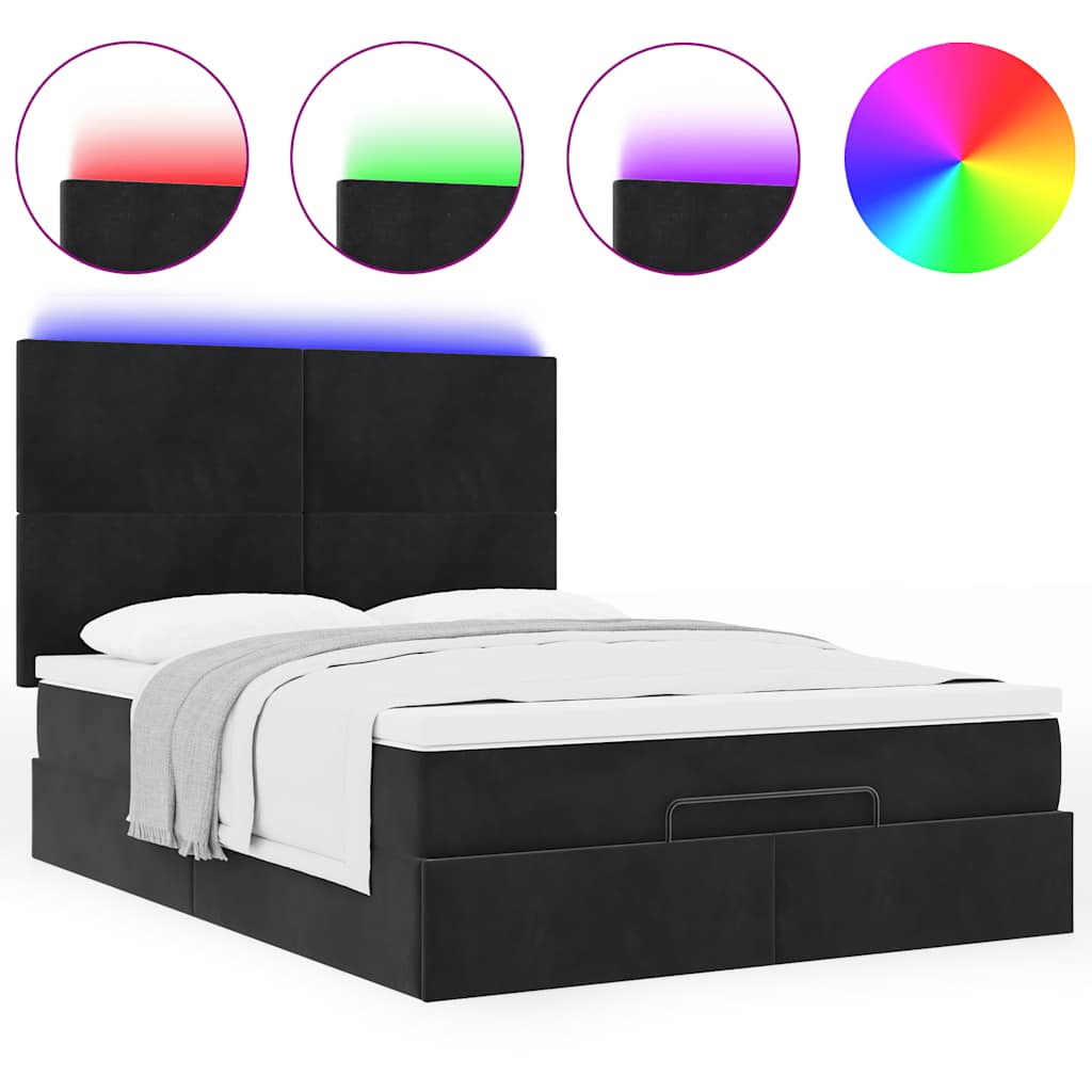 Ottoman Bed with Mattresses & LEDs Black Queen Velvet