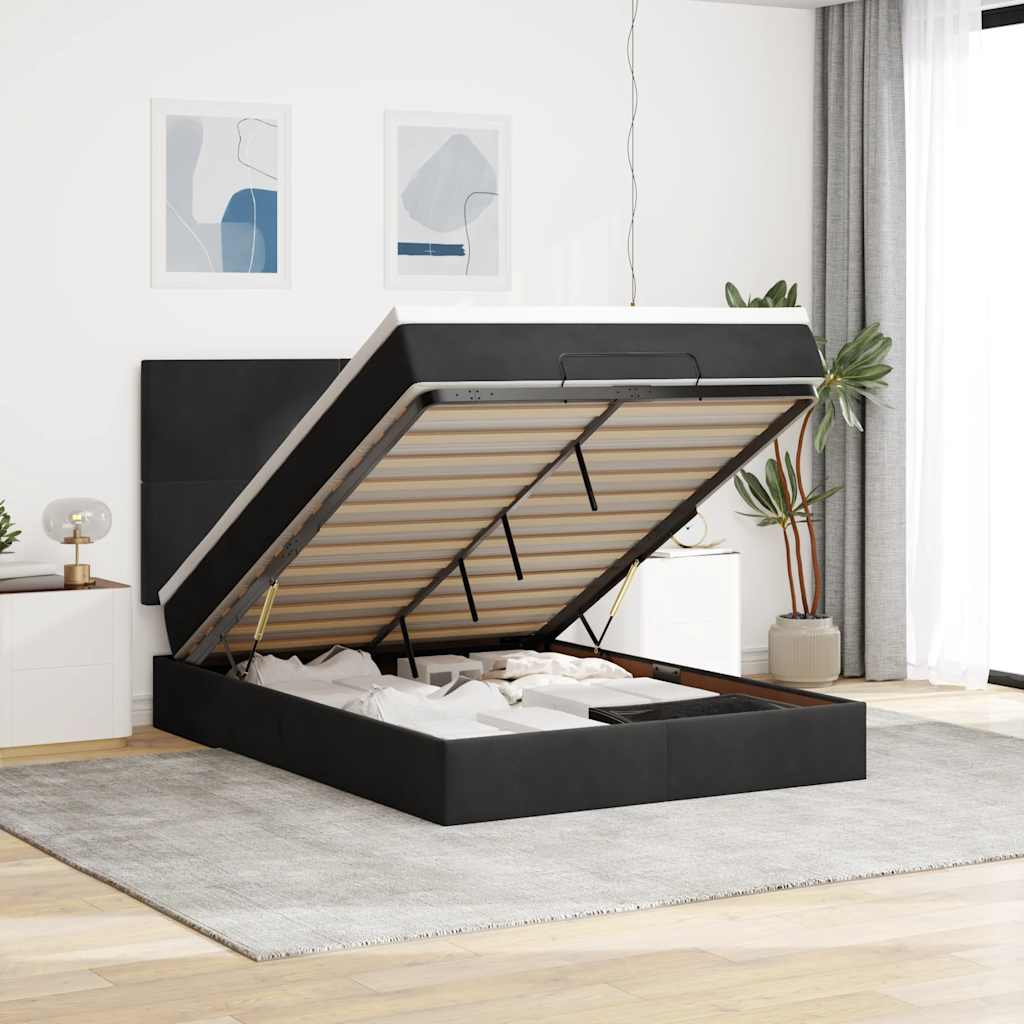 Ottoman Bed with Mattresses &amp; LEDs Black Queen Velvet