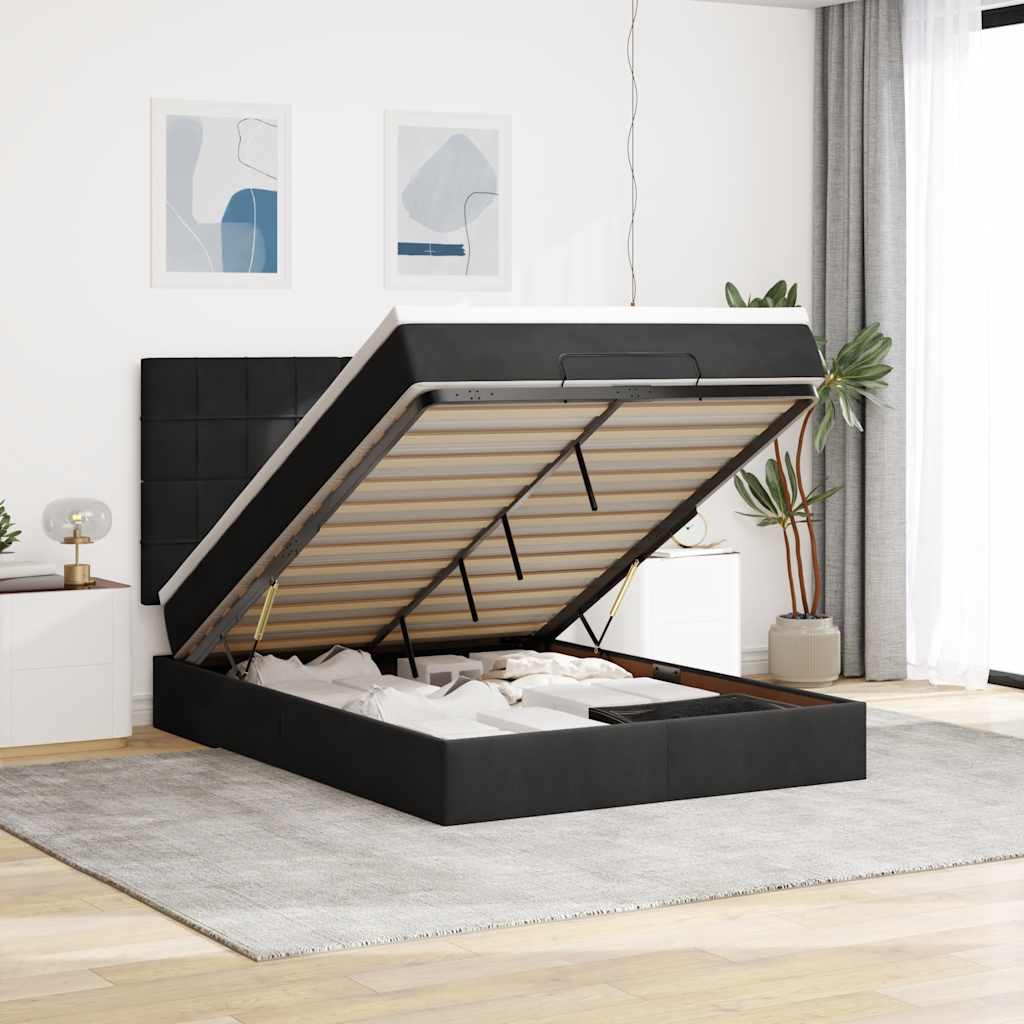Ottoman Bed with Mattresses &amp; LEDs Black Queen Velvet