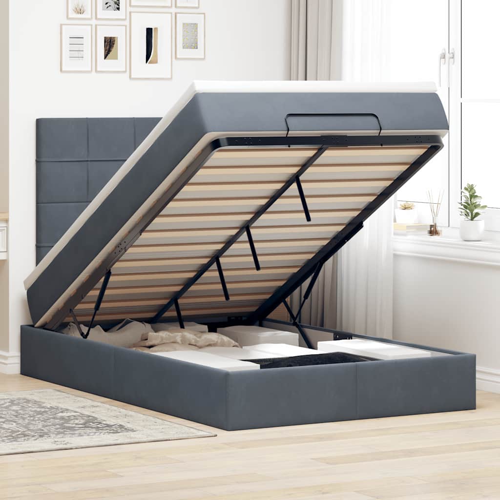 Ottoman Bed with Mattresses &amp; LEDs Dark Grey King Single Velvet