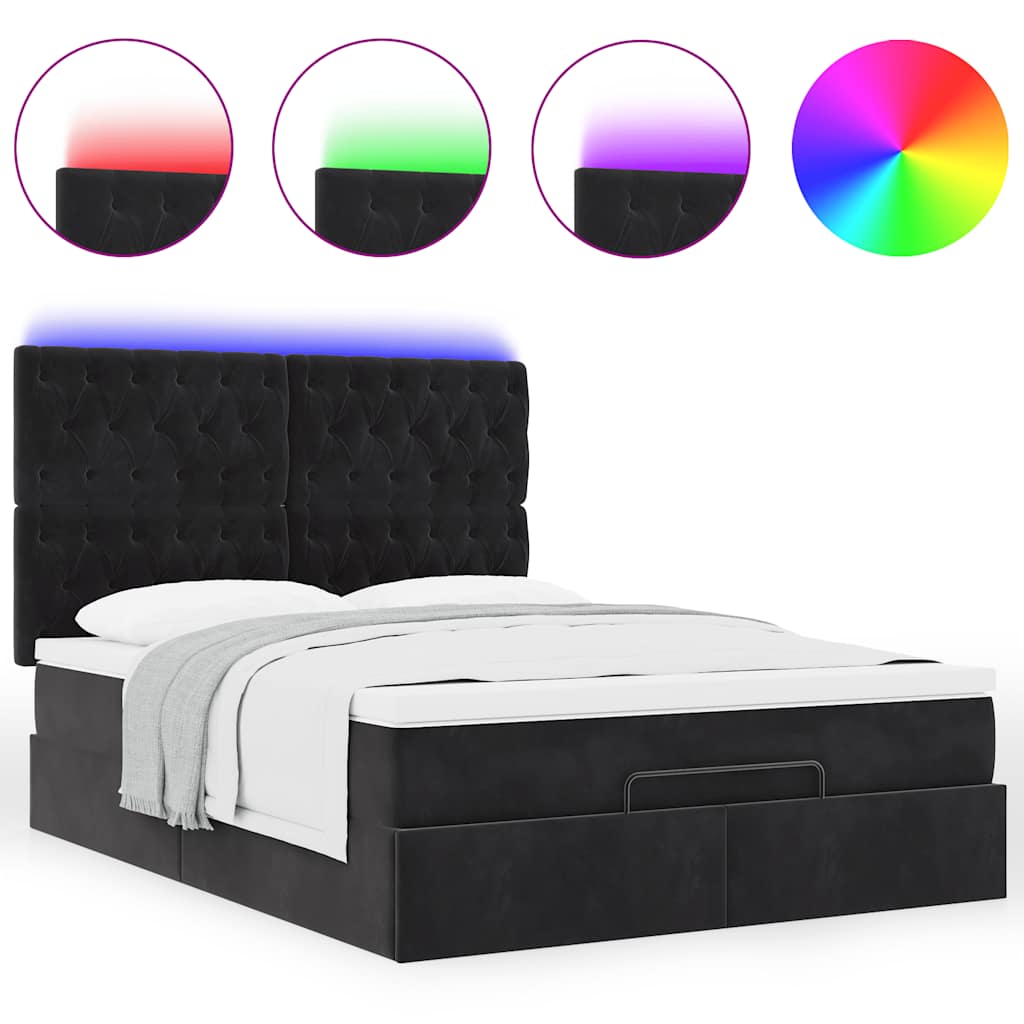 Ottoman Bed with Mattresses & LEDs Black Double Velvet