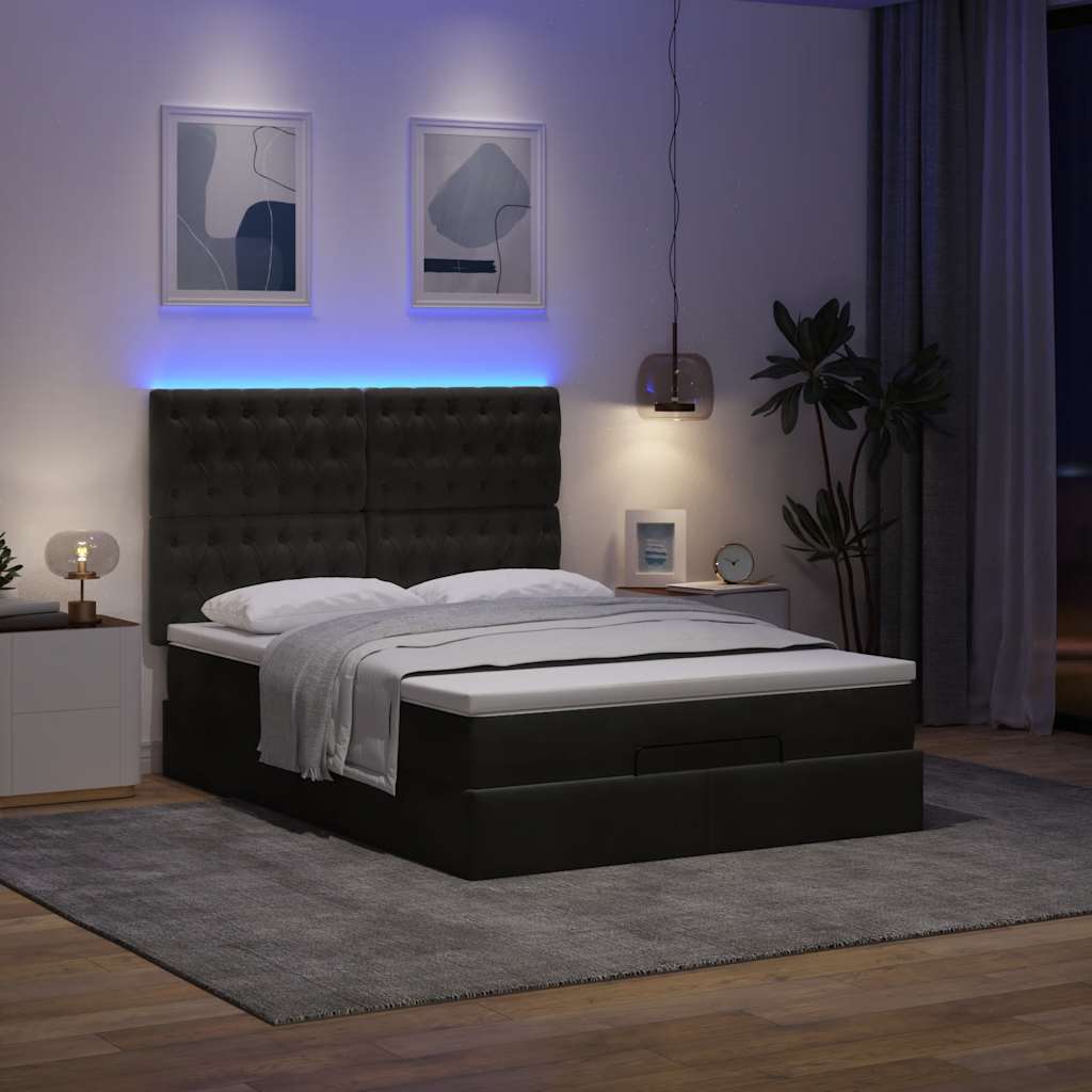 Ottoman Bed with Mattresses & LEDs Black Queen Velvet