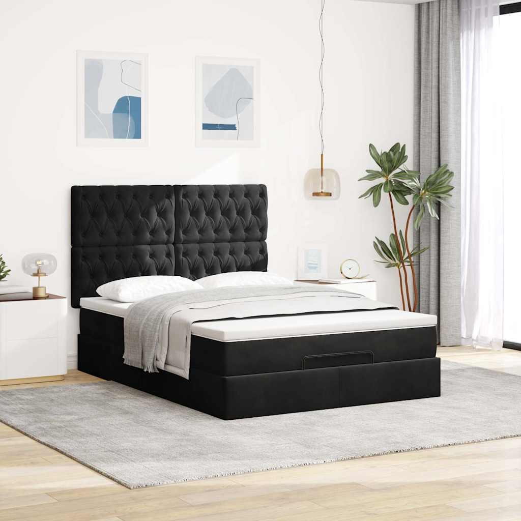 Ottoman Bed with Mattresses & LEDs Black Queen Velvet