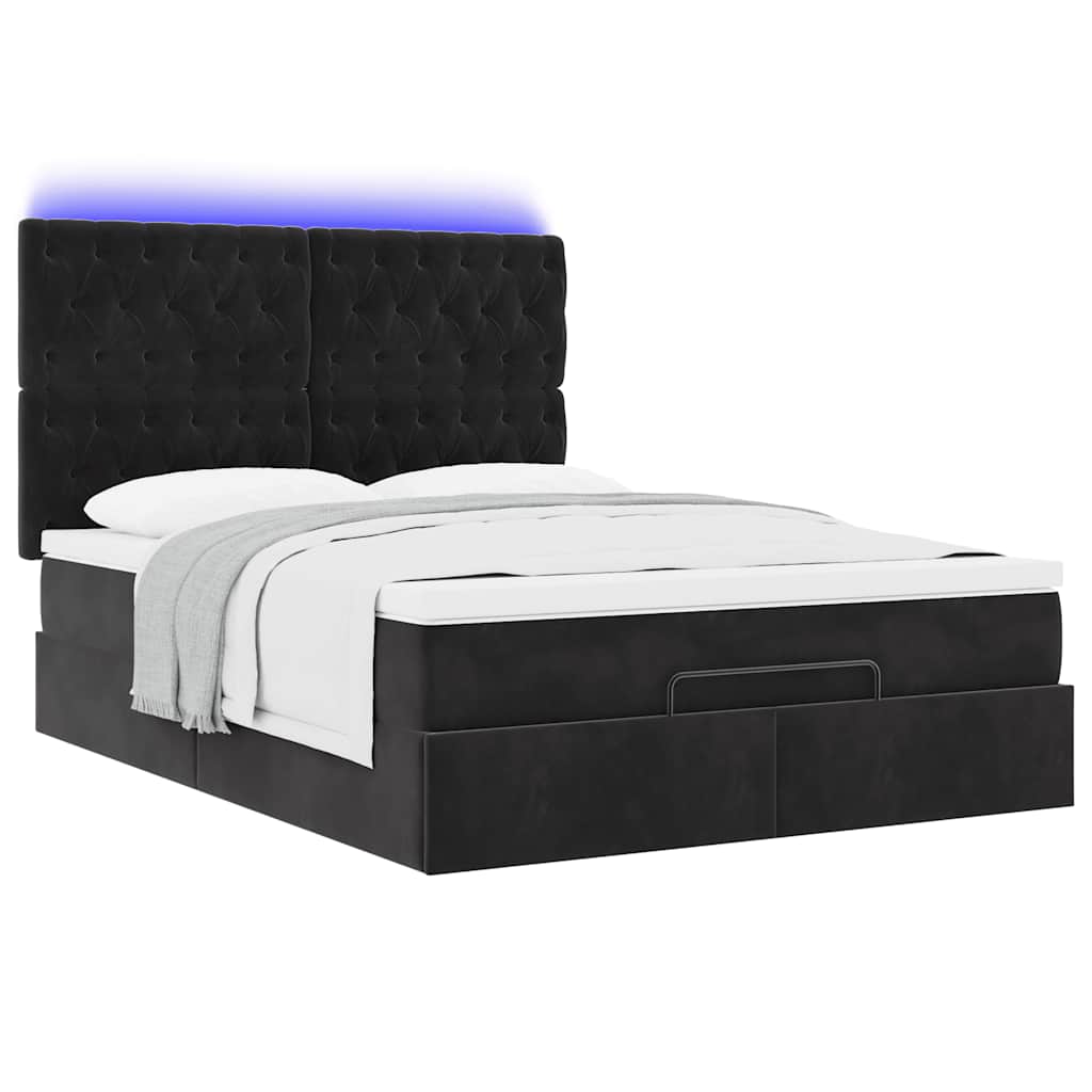 Ottoman Bed with Mattresses & LEDs Black Queen Velvet