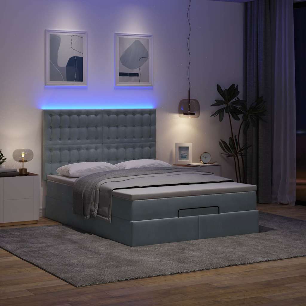 Ottoman Bed with Mattresses &amp; LEDs Dark Grey Queen Velvet