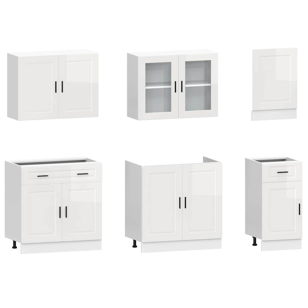 7 Piece Kitchen Cabinet Set "Kalmar" High Gloss White Engineered Wood