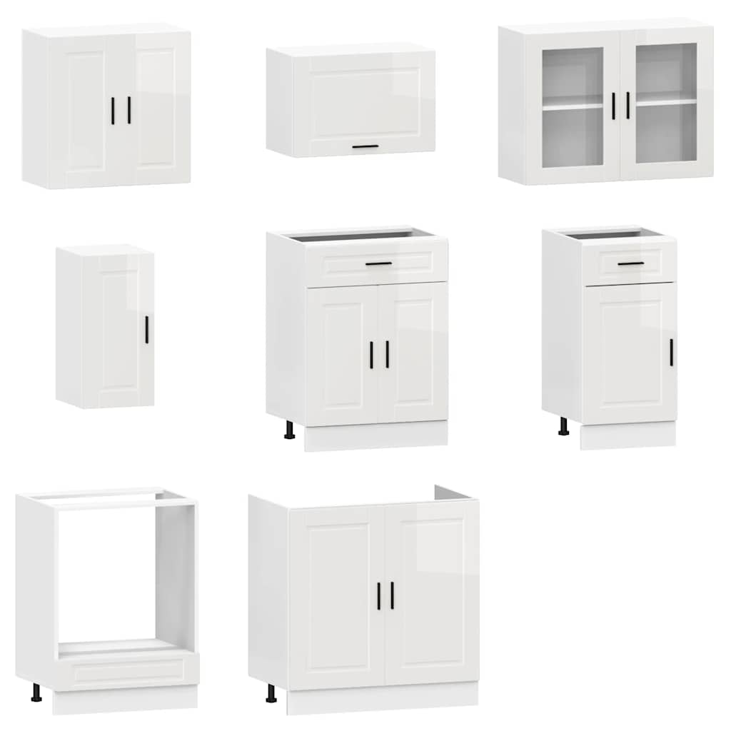 8 Piece Kitchen Cabinet Set "Kalmar" High Gloss White Engineered Wood