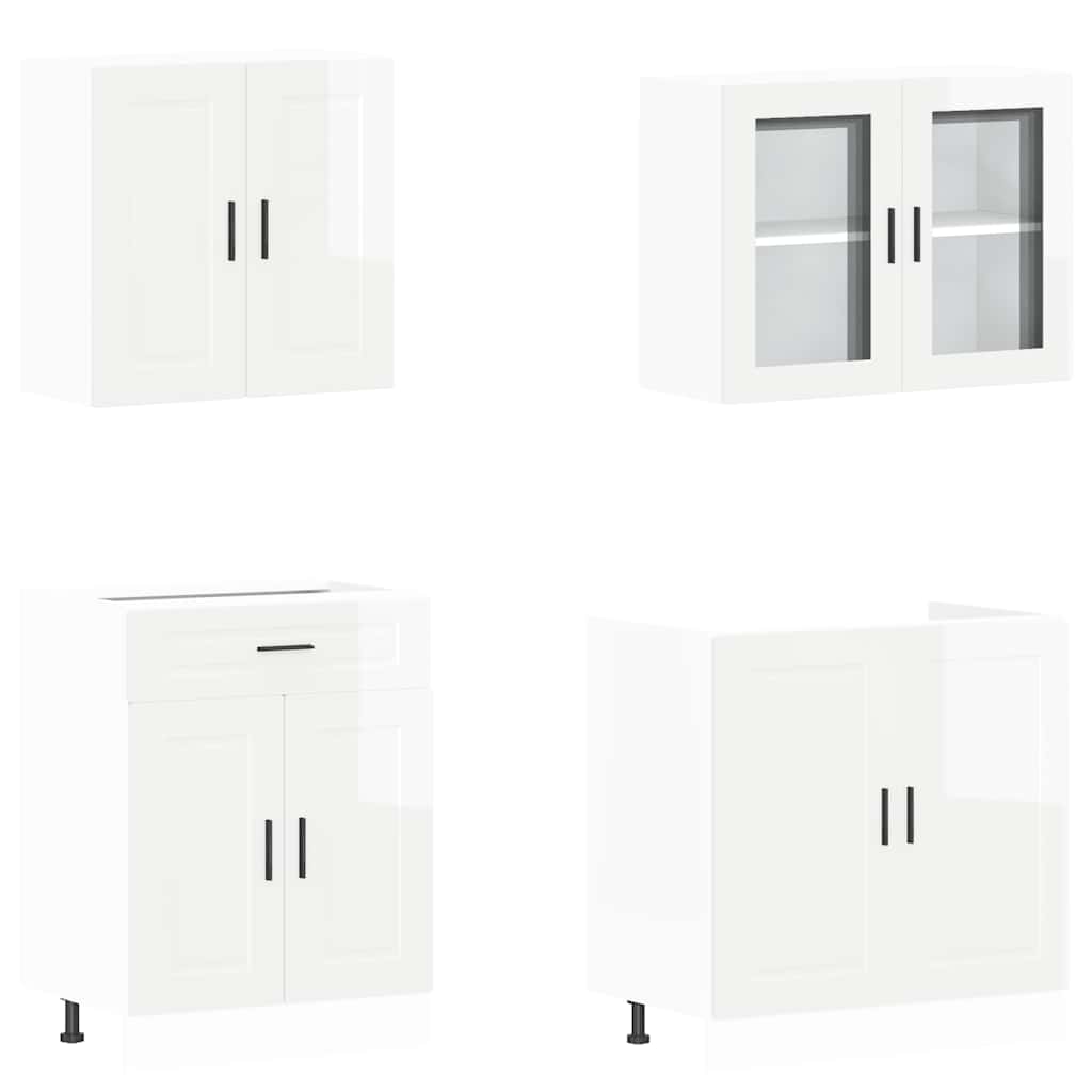 4 Piece Kitchen Cabinet Set "Porto" High Gloss White Engineered Wood